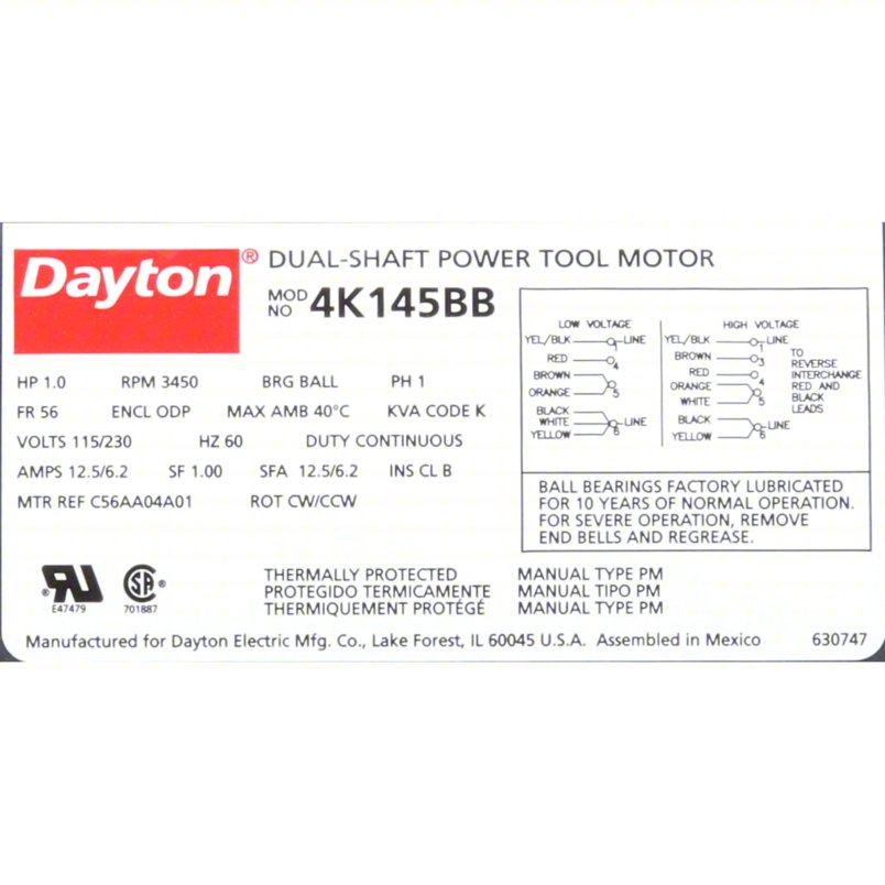 DAYTON Power Tool Motor, 2-Shaft, 1 HP, 3450rpm, 115/230V
