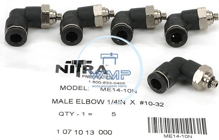 1/4in tube to #10-32 pneumatic push-to-connect fitting, male, elbow, rotating