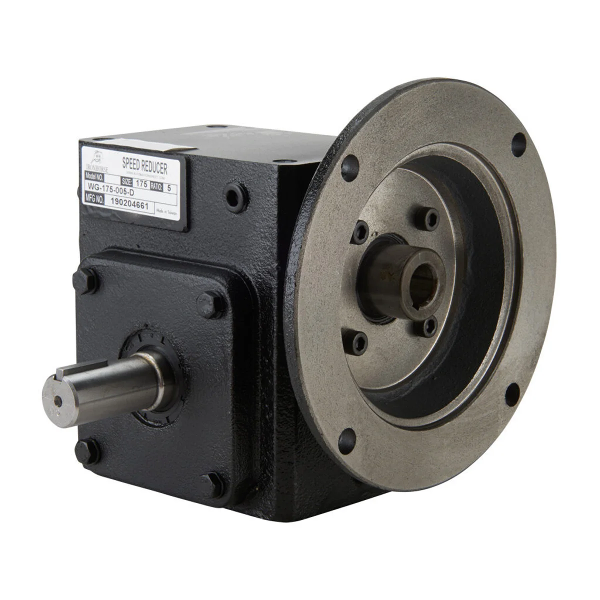 IronHorse heavy-duty worm gearbox, 5:1 ratio, NEMA 56C input, dual, 0.875in diameter output shaft, nominal 2.83hp at 1.0 SF, 499 lb-in mechanical output torque, 1-3/4in center distance, cast iron housing, tapped-base mount. - Image 1