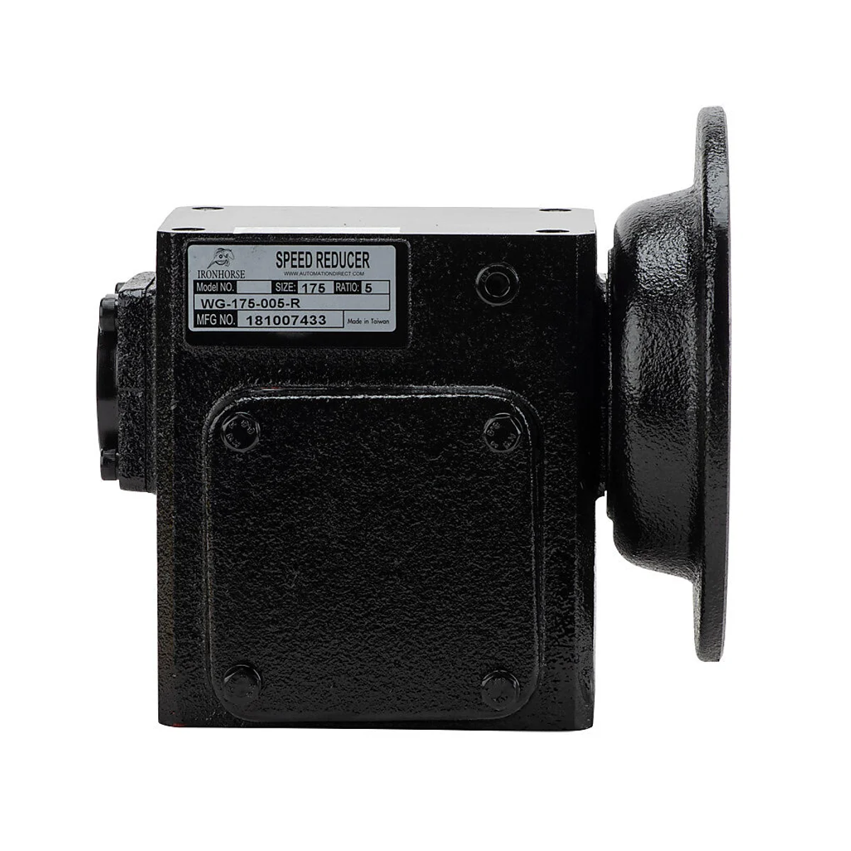 IronHorse heavy-duty worm gearbox, 5:1 ratio, NEMA 56C input, right hand, 0.875in diameter output shaft, nominal 2.83hp at 1.0 SF, 499 lb-in mechanical output torque, 1-3/4in center distance, cast iron housing, tapped-base mount. - Image 1