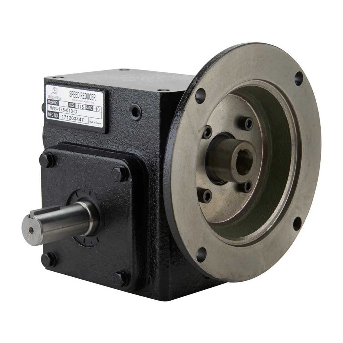 IronHorse heavy-duty worm gearbox, 10:1 ratio, NEMA 56C input, dual, 0.875in diameter output shaft, nominal 1.57hp at 1.0 SF, 515 lb-in mechanical output torque, 1-3/4in center distance, cast iron housing, tapped-base mount. - Image 1