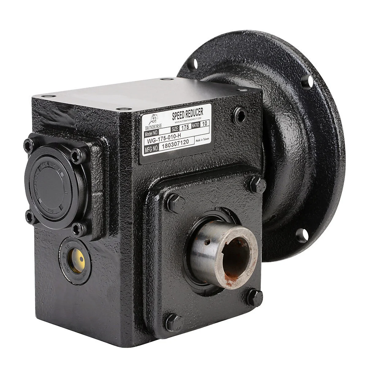 IronHorse heavy-duty worm gearbox, 10:1 ratio, NEMA 56C input, hollow, 1in diameter output shaft, nominal 1.57hp at 1.0 SF, 515 lb-in mechanical output torque, 1-3/4in center distance, cast iron housing, tapped-base mount. - Image 1