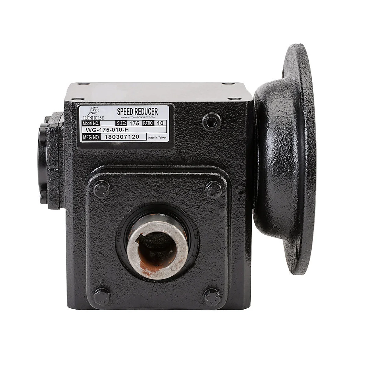 IronHorse heavy-duty worm gearbox, 10:1 ratio, NEMA 56C input, hollow, 1in diameter output shaft, nominal 1.57hp at 1.0 SF, 515 lb-in mechanical output torque, 1-3/4in center distance, cast iron housing, tapped-base mount. - Image 4