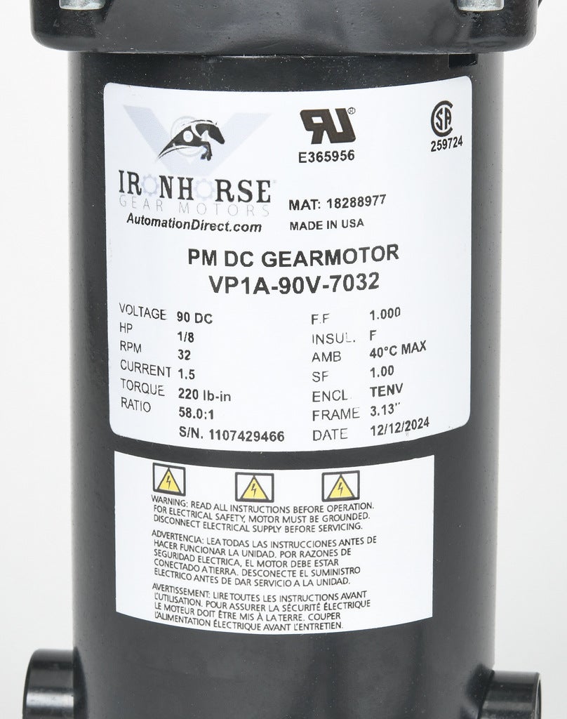 IronHorse VP1 series parallel shaft DC gear motor, 1/8hp, 90 VDC, 32rpm, 220 lb-in full load torque, 1.5 FLA, 58:1 ratio, 5/8in shaft diameter.