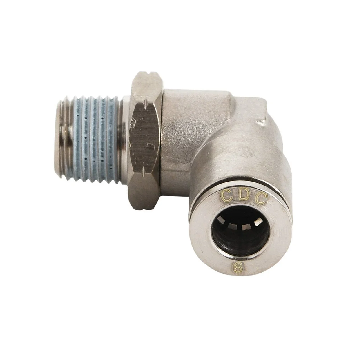 6mm tube to 1/4" male NPT pneumatic push-to-connect fitting, elbow, rotating, nickel-plated - Image 1