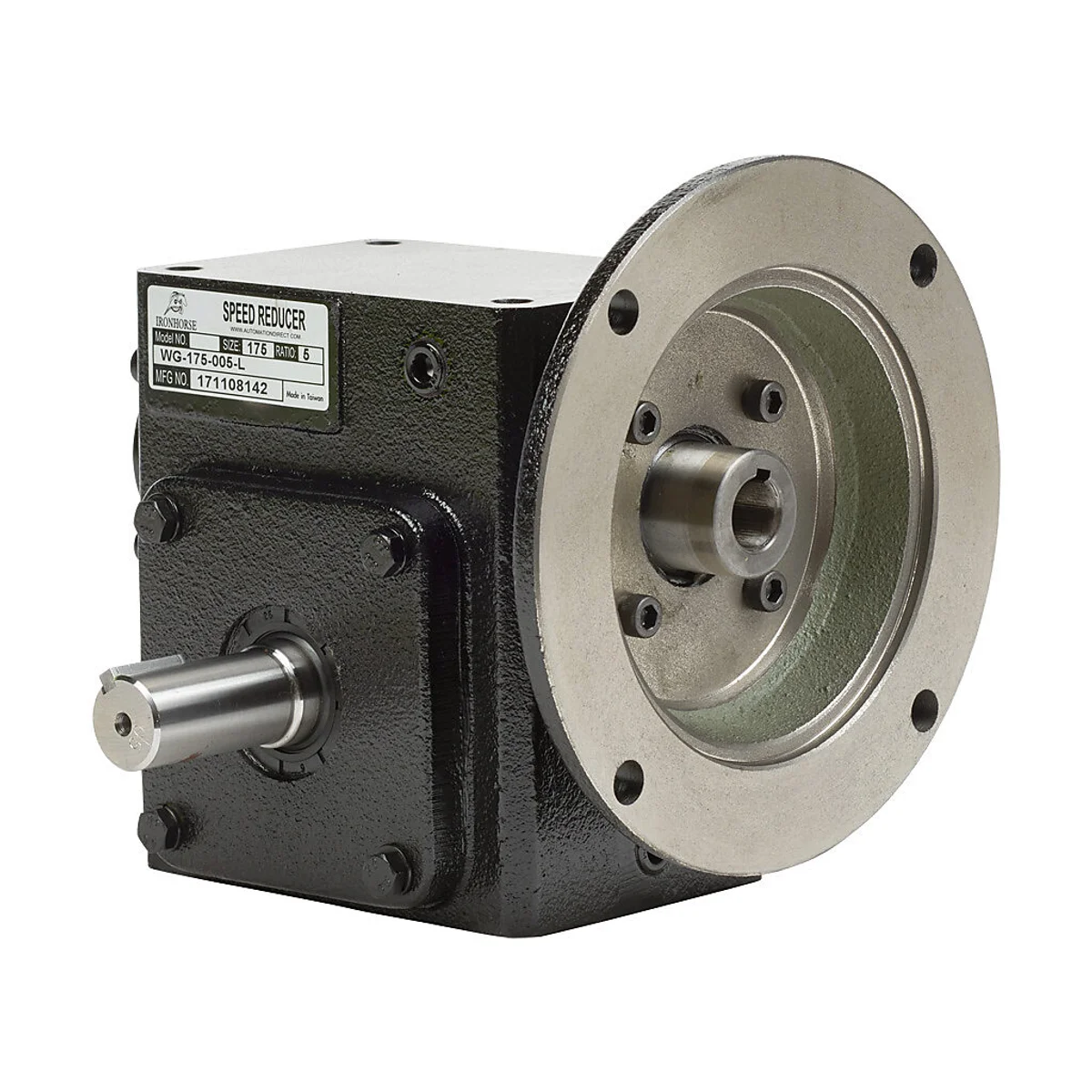 IronHorse heavy-duty worm gearbox, 5:1 ratio, NEMA 56C input, left hand, 0.875in diameter output shaft, nominal 2.83hp at 1.0 SF, 499 lb-in mechanical output torque, 1-3/4in center distance, cast iron housing, tapped-base mount.