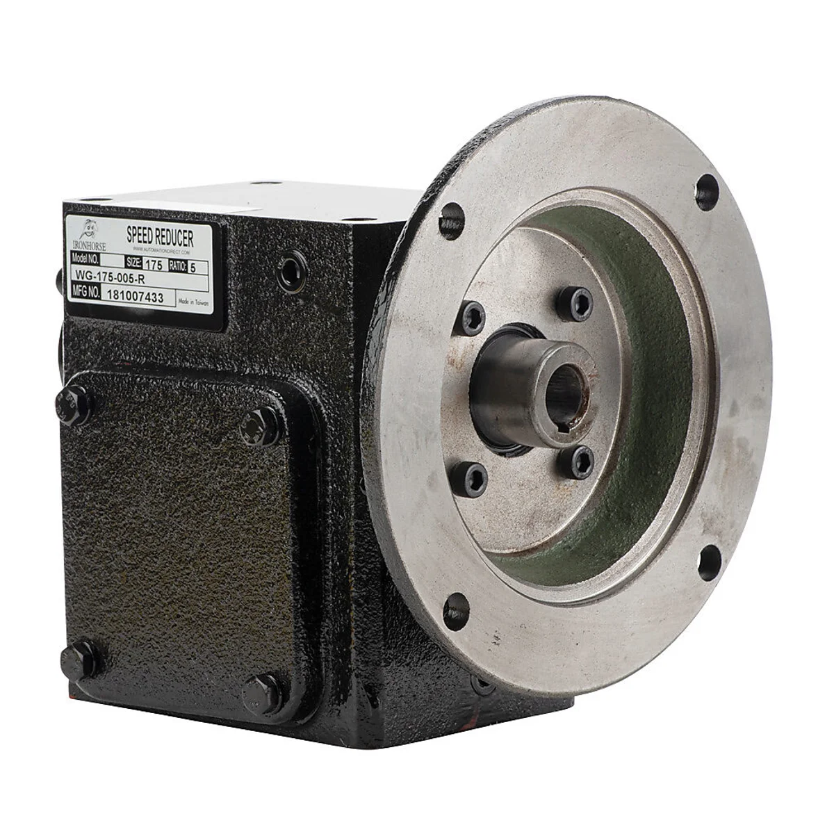 IronHorse heavy-duty worm gearbox, 5:1 ratio, NEMA 56C input, right hand, 0.875in diameter output shaft, nominal 2.83hp at 1.0 SF, 499 lb-in mechanical output torque, 1-3/4in center distance, cast iron housing, tapped-base mount.