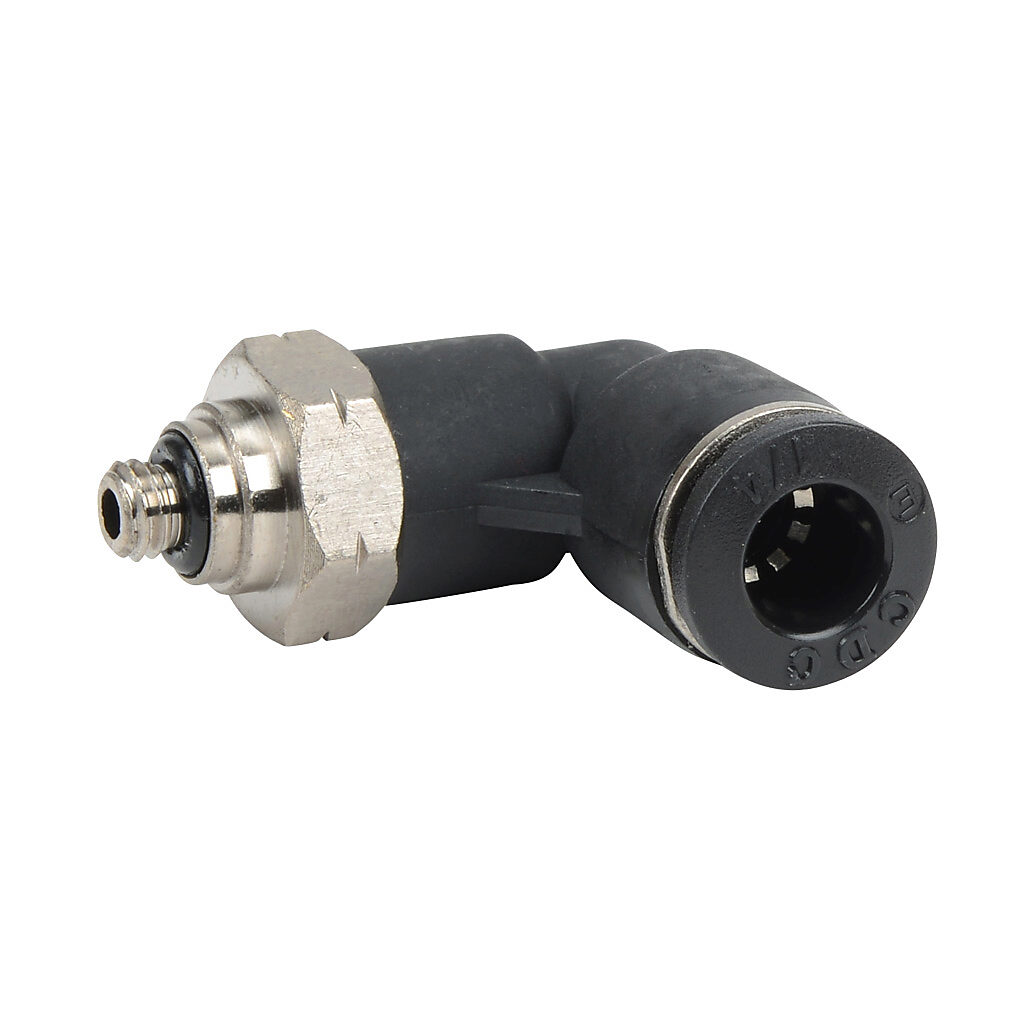 1/4" tube to #10-32 UNF, pneumatic push-to-connect fitting, male, elbow, rotating