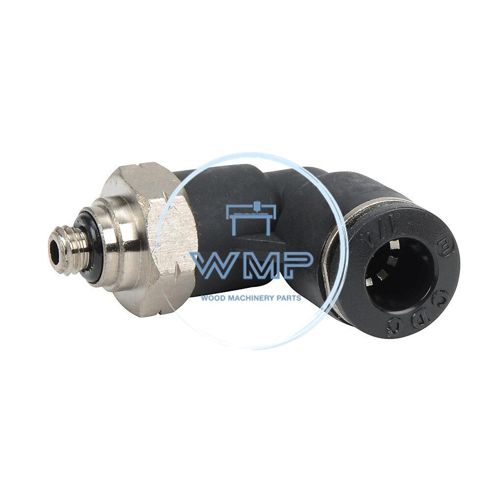 1/4" tube to #10-32 UNF, pneumatic push-to-connect fitting, male, elbow, rotating