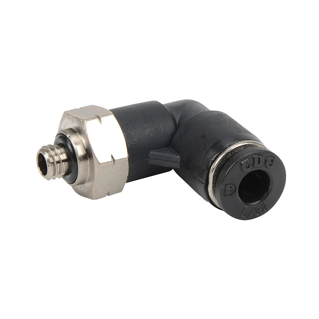 5/32" tube to #10-32 UNF, pneumatic push-to-connect fitting, male, elbow, rotating