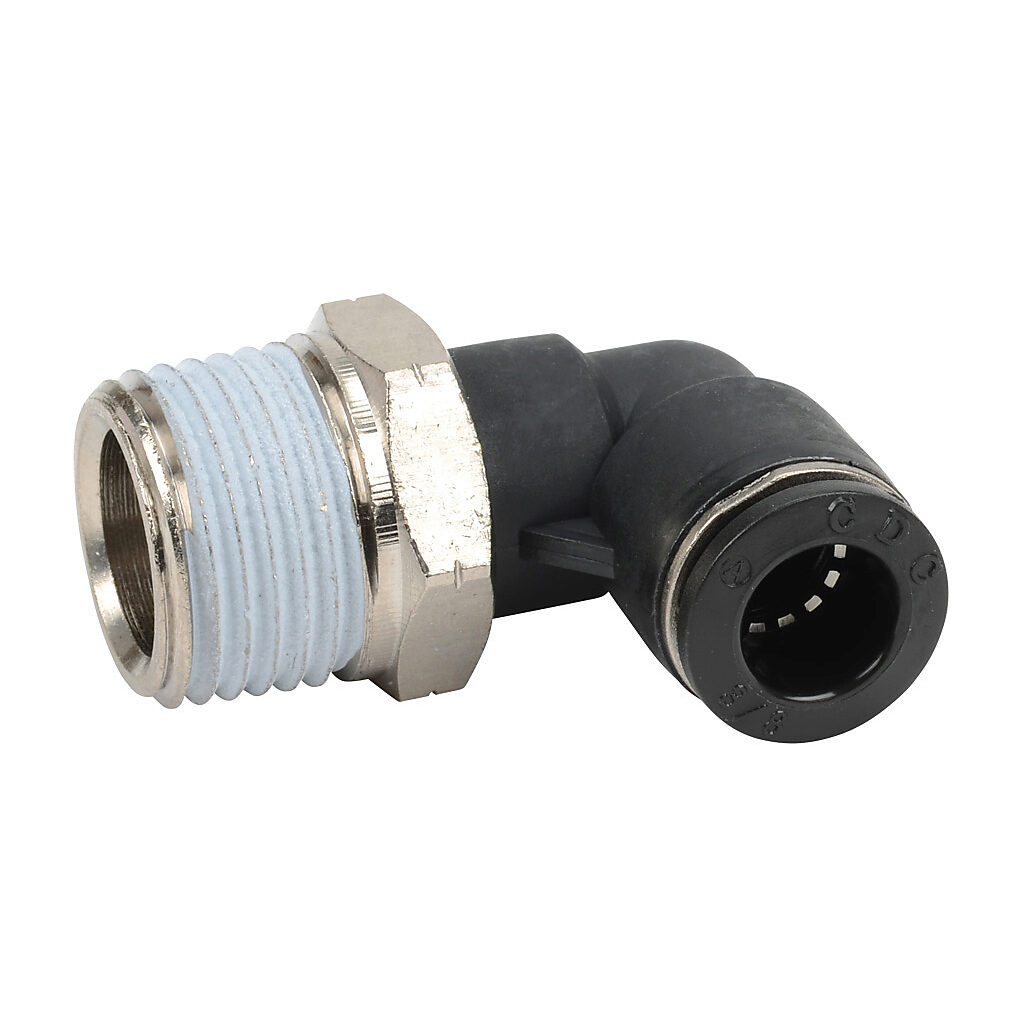 3/8" tube to 1/2" NPT pneumatic push-to-connect fitting, male, elbow, rotating