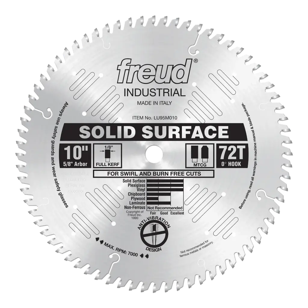 Solid Surface Blade, 10" x 72T x 5/8" Arbor, LU95M010, Freud