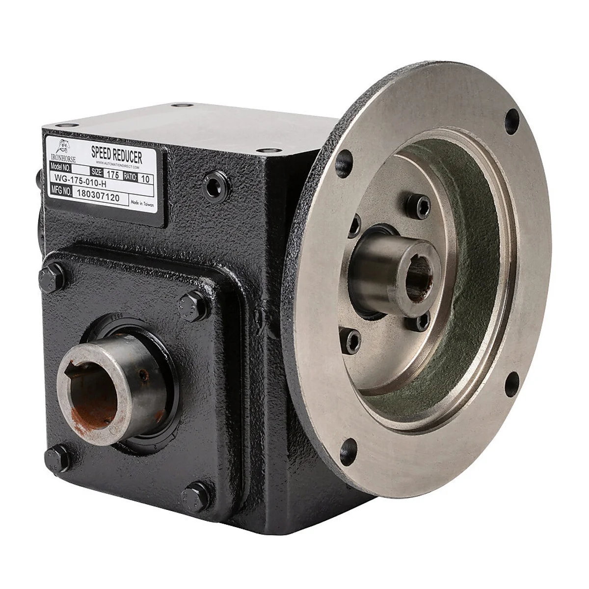 IronHorse heavy-duty worm gearbox, 10:1 ratio, NEMA 56C input, hollow, 1in diameter output shaft, nominal 1.57hp at 1.0 SF, 515 lb-in mechanical output torque, 1-3/4in center distance, cast iron housing, tapped-base mount.
